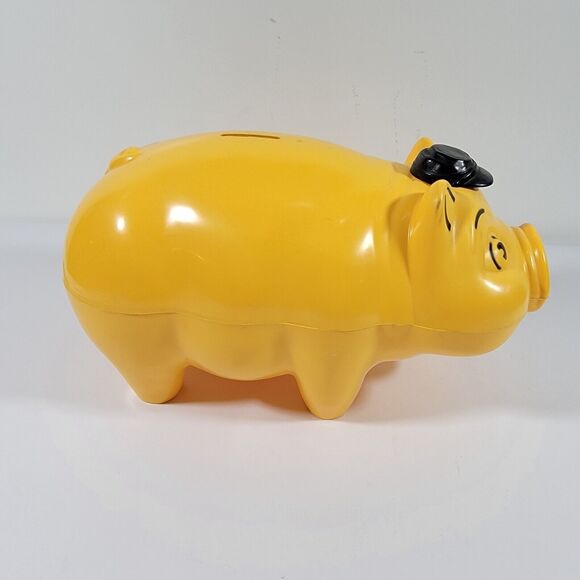Vintage Yellow Hard Plastic Hat Tipping Piggy Bank No Bottom Stopper - Picture 3 of 9